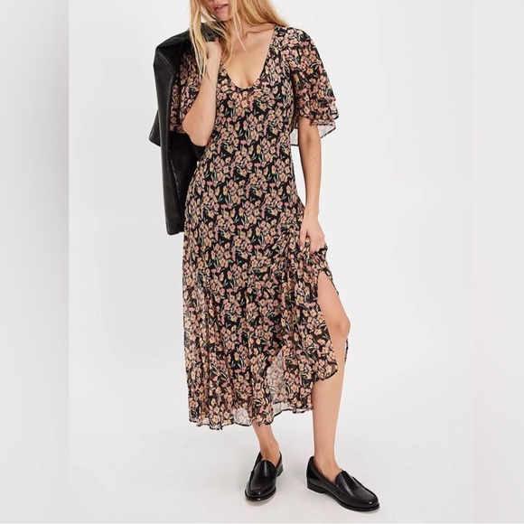 Free People Dresses & Skirts - NEW Free People Elisandra Midi Dress Floral Black Pink Yellow Bell Sleeves Small